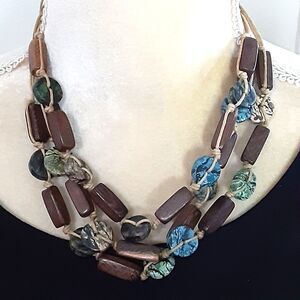 Natural tribal handmade 3 strand wooden necklace 18" Boho